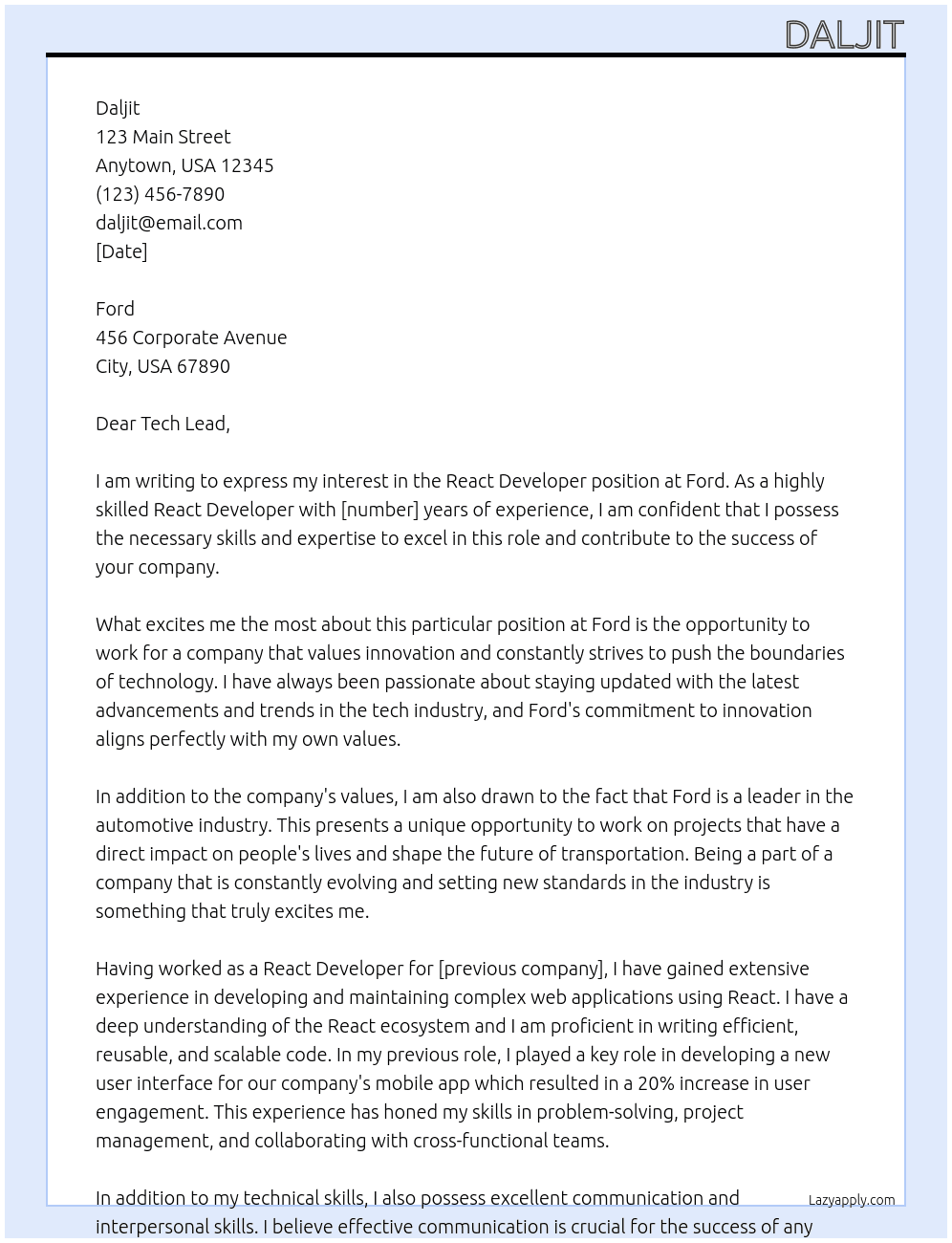 React Developer At Ford Cover Letter