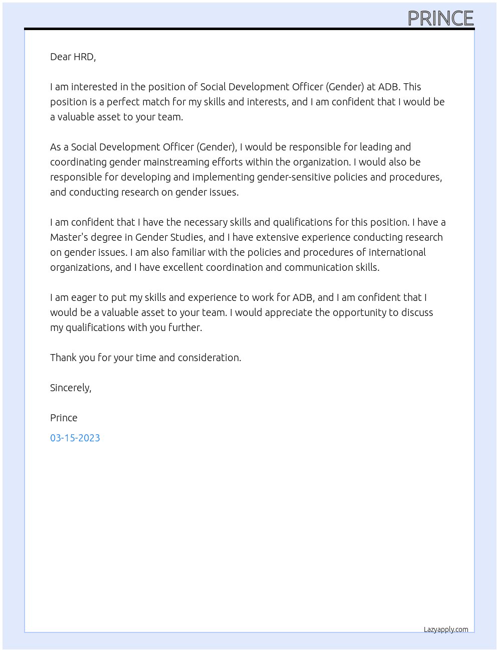 Social Development Officer (Gender) At ADB Cover Letter