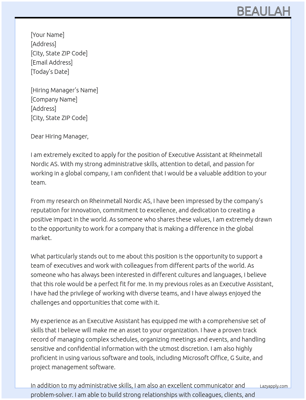 Executive Assistant for a global company At Rheinmetall Nordic AS Cover Letter