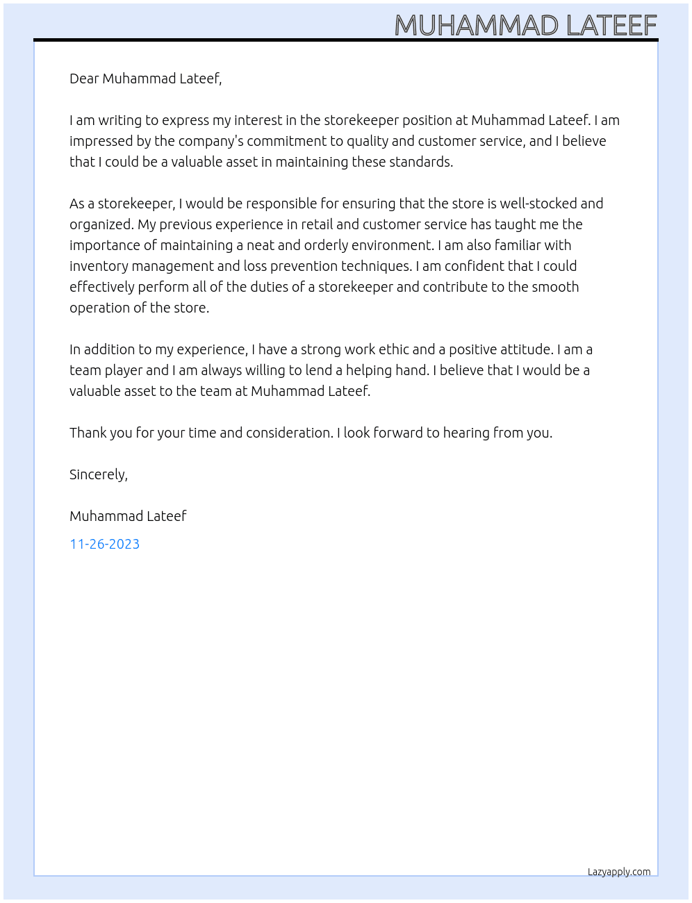 Storekeeper At Muhammad Lateef Cover Letter