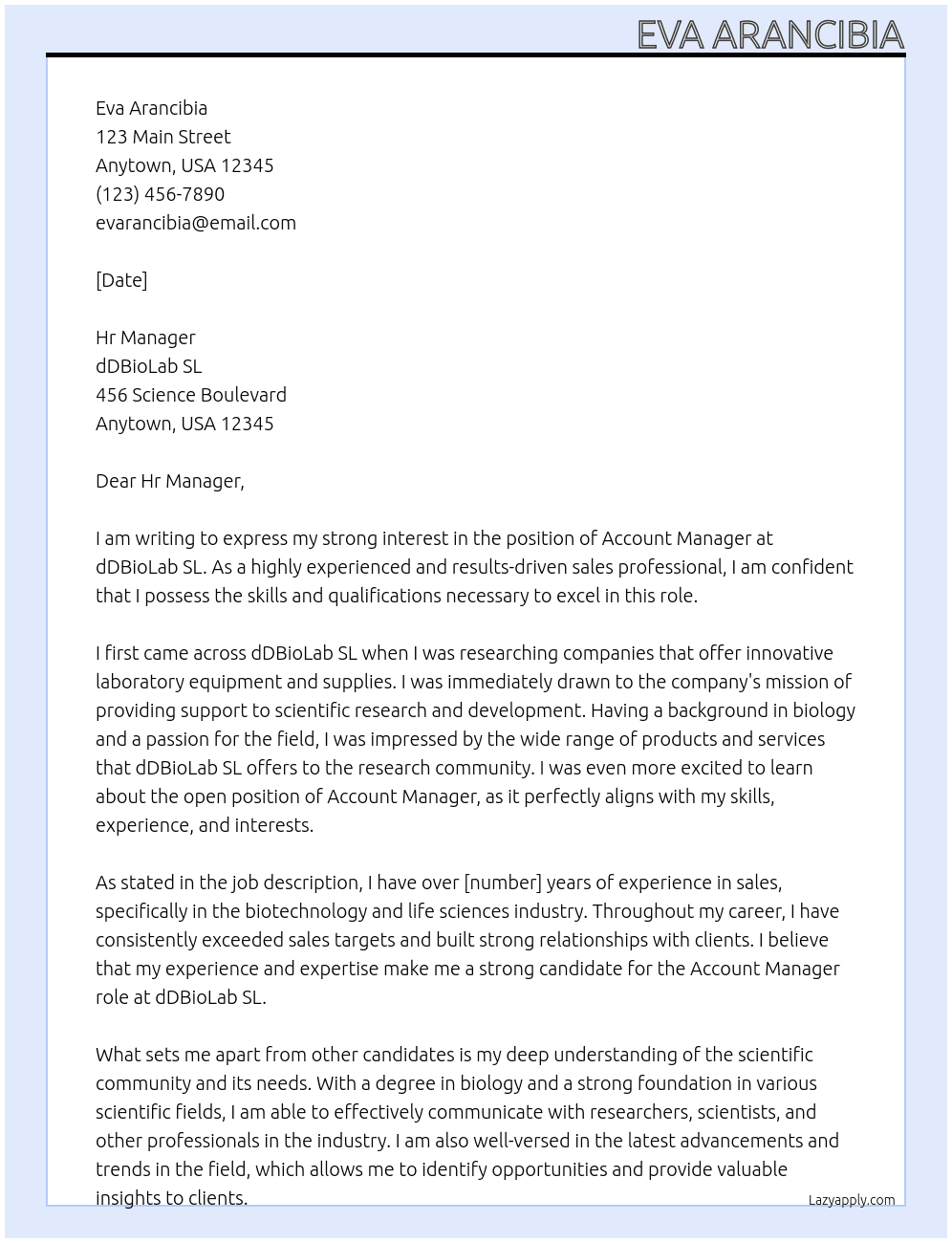 Account Manager At dDBioLab SL Cover Letter