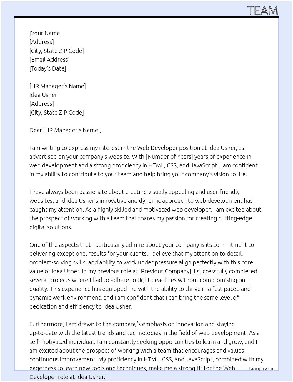 Web developer  At Idea usher Cover Letter