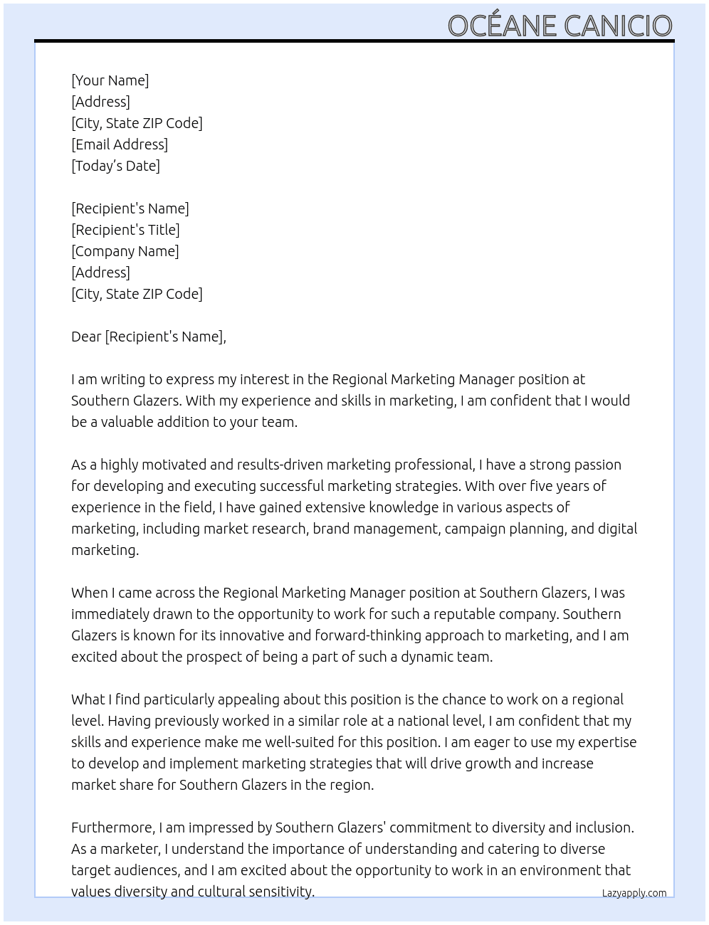 Regional Marketing Manager At Southern Glazers Cover Letter