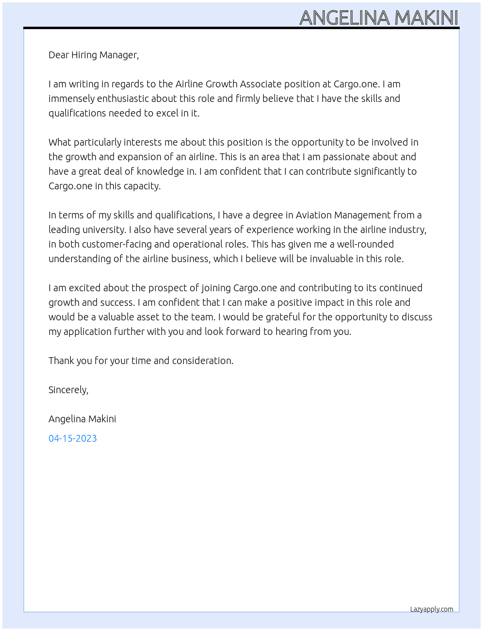 Airline growth associate At Cargo.one Cover Letter