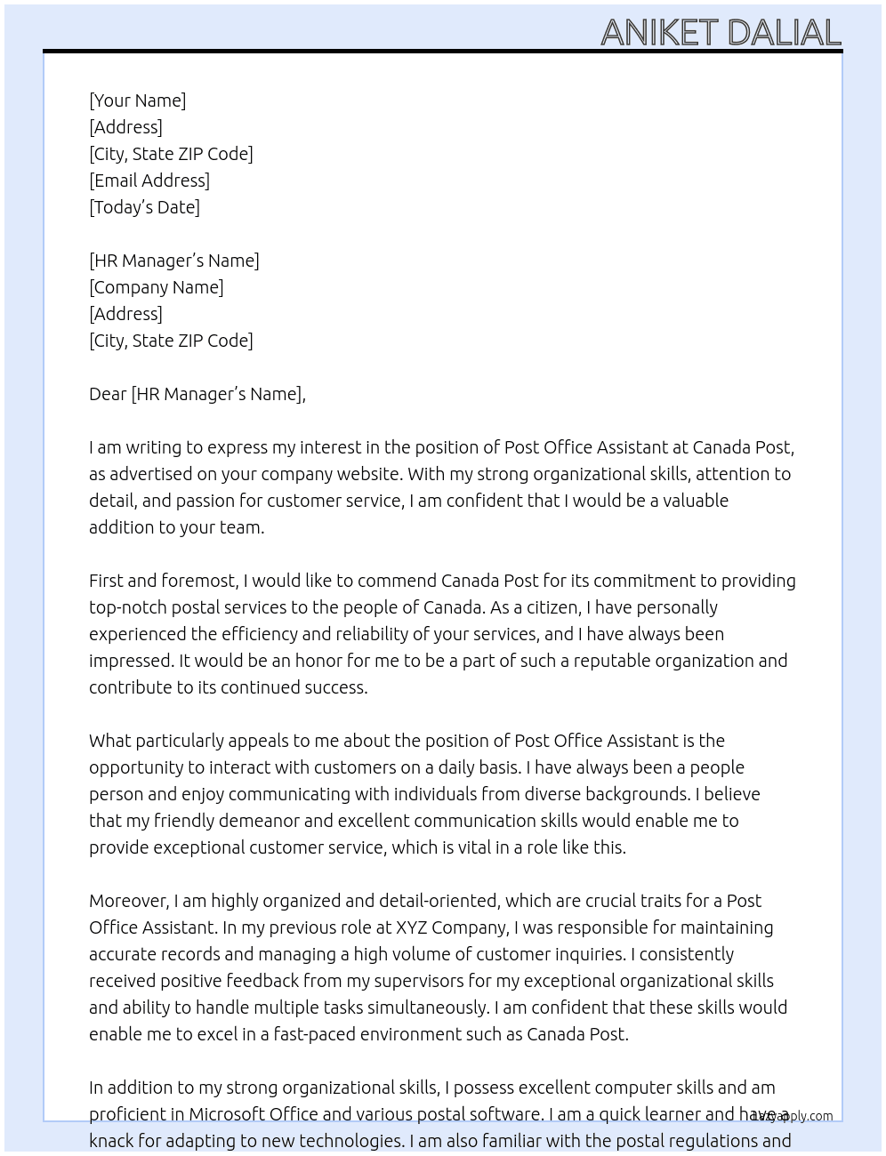 Post office assistant  At Canada post Cover Letter