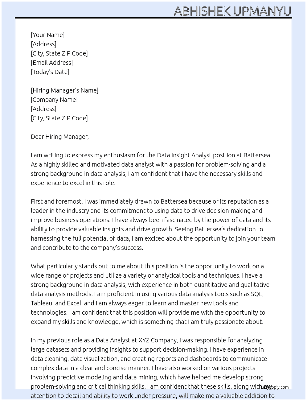 Data Insight Analyst At  Battersea Cover Letter