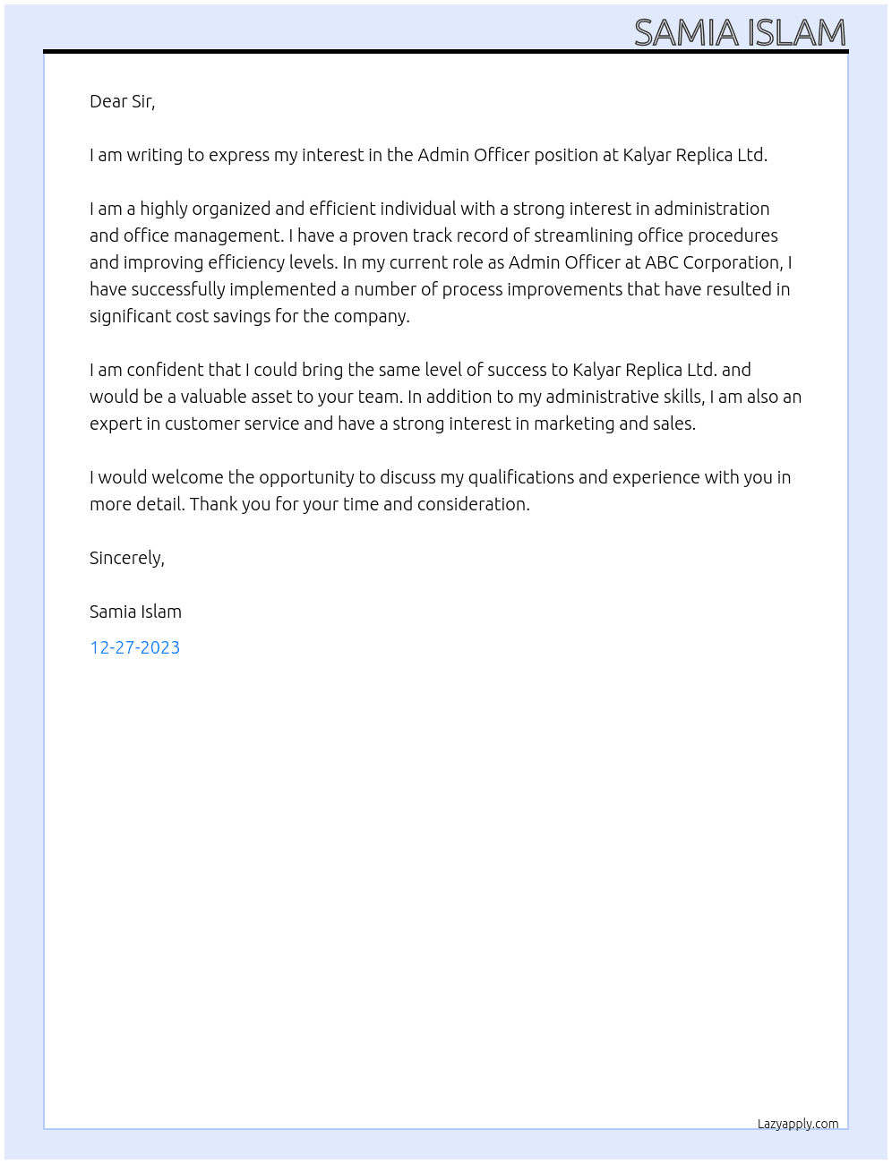Admin  officer At kalyar Replica Ltd Cover Letter