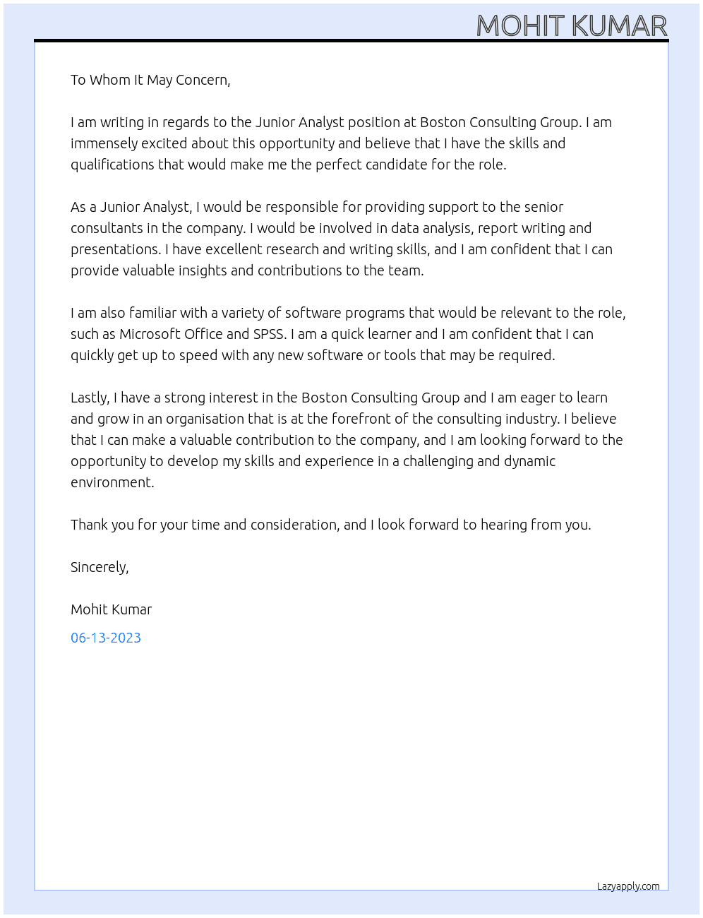 Junior Analyst At Boston Consulting Group Cover Letter