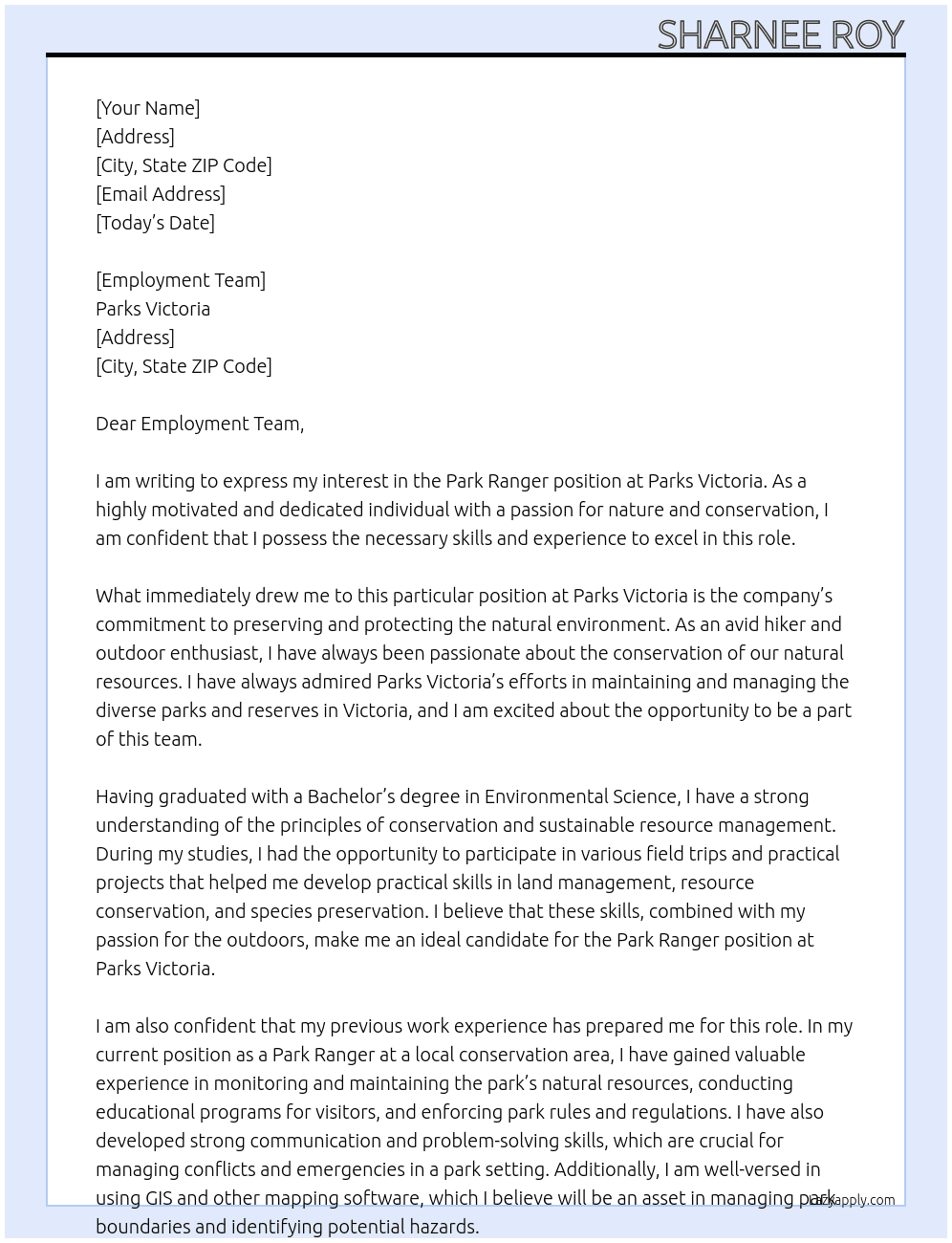 Park Ranger At Parks Victoria Cover Letter
