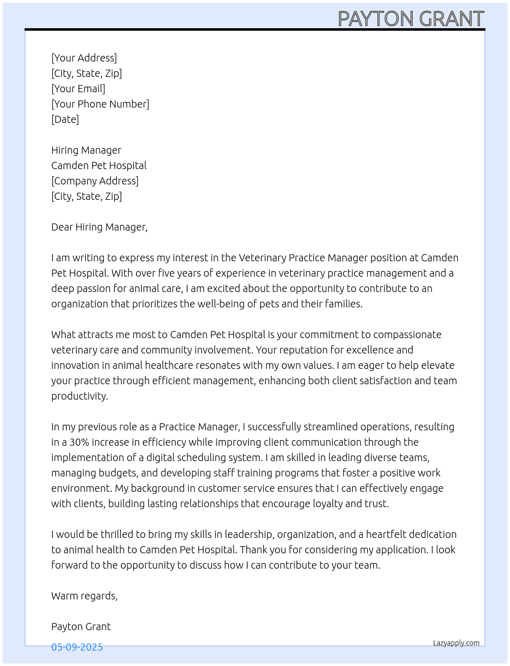 Veterinary Practice Manager At Camden Pet Hospital Cover Letter