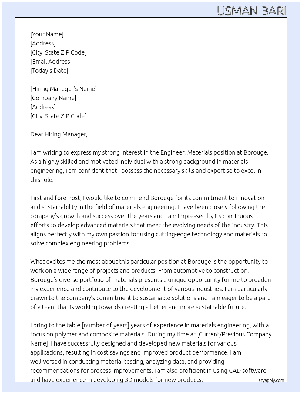 Engineer, Materials At Borouge Cover Letter