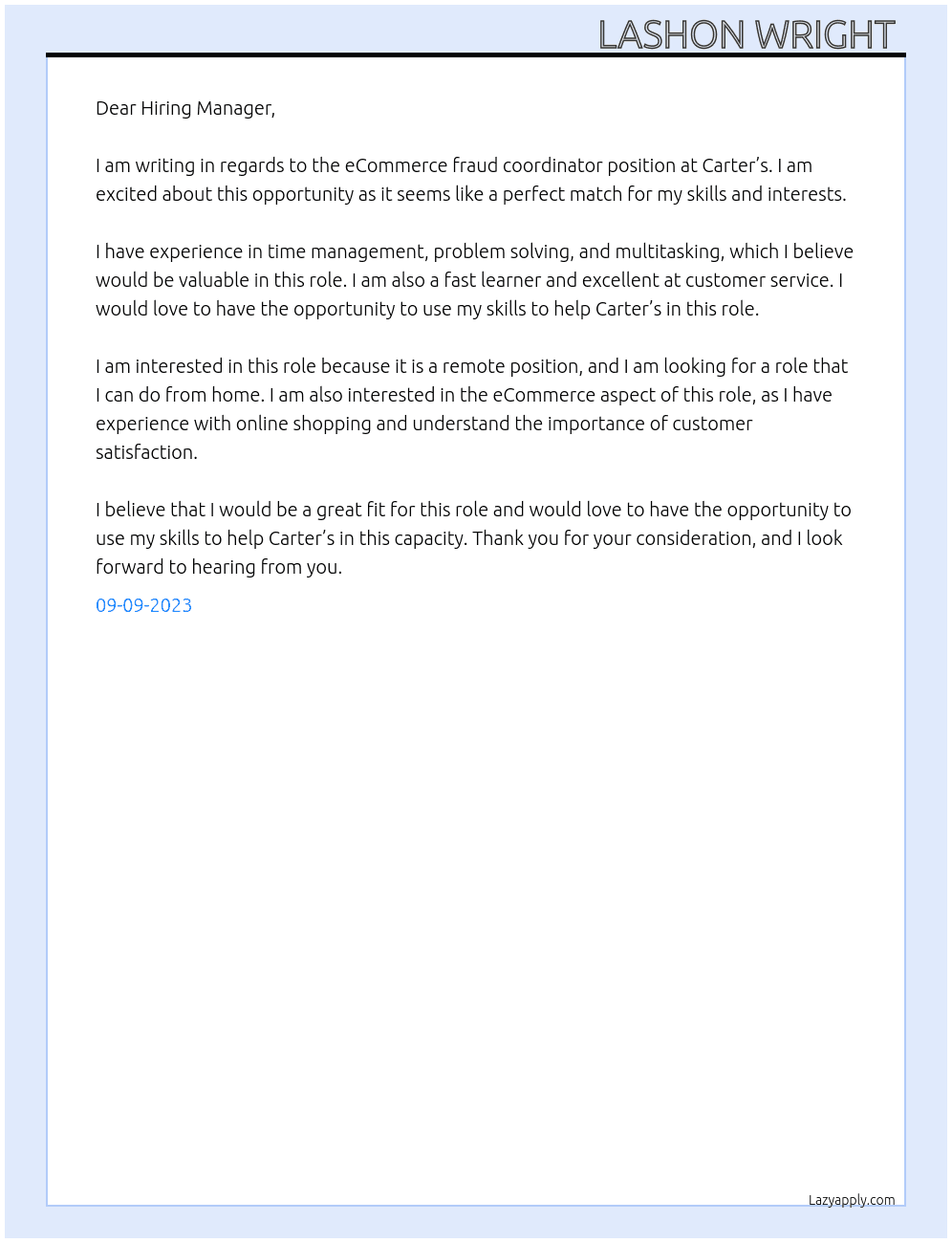 eCommerce fraud coordinator  At Carter’s  Cover Letter