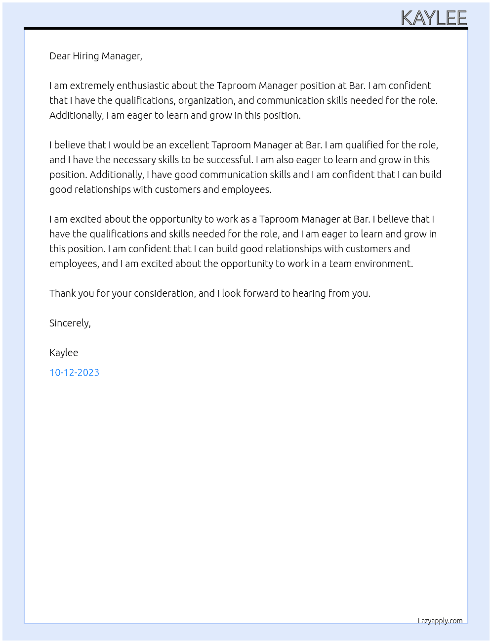 Taproom Manager At Bar Cover Letter