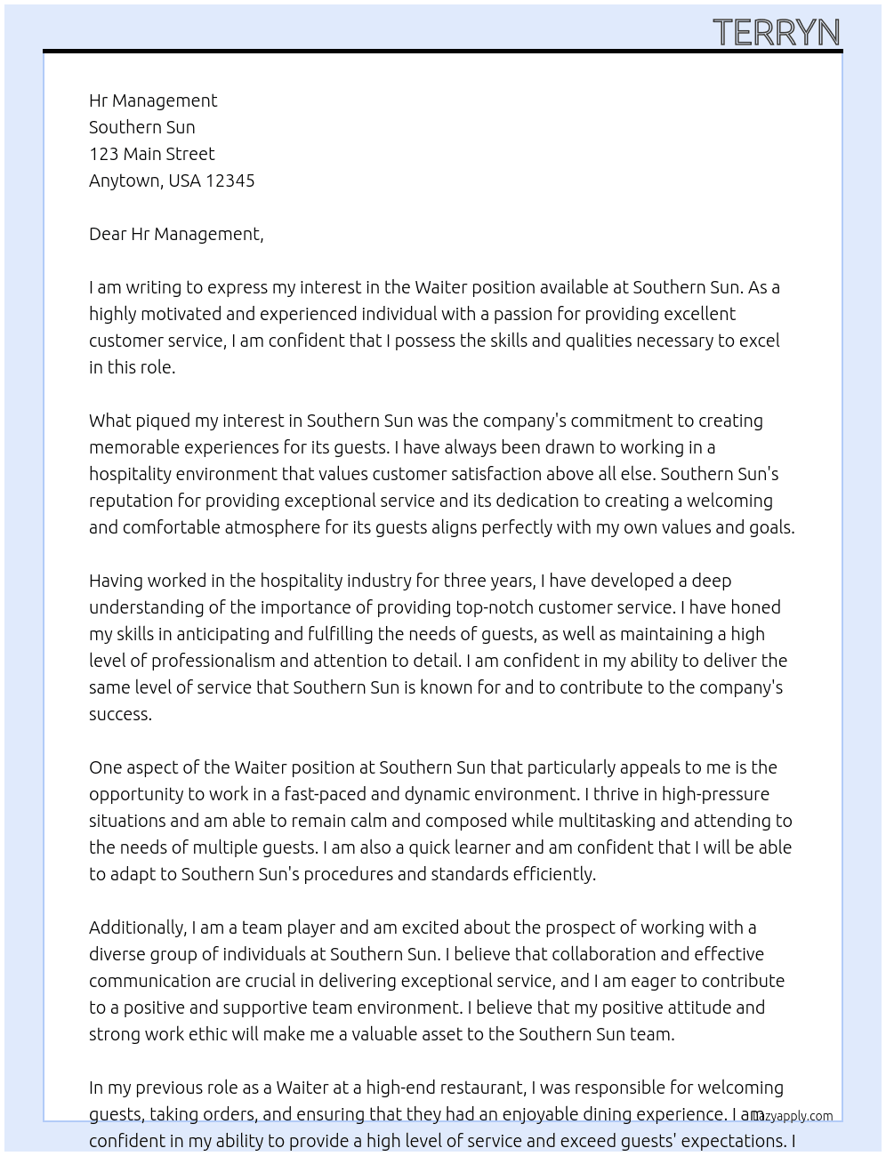 Waiter At Southern sun Cover Letter