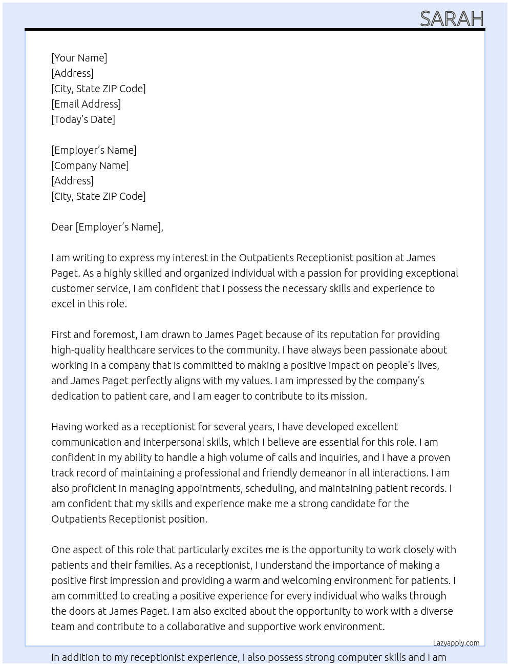 outpaitents receptionist At james paget Cover Letter