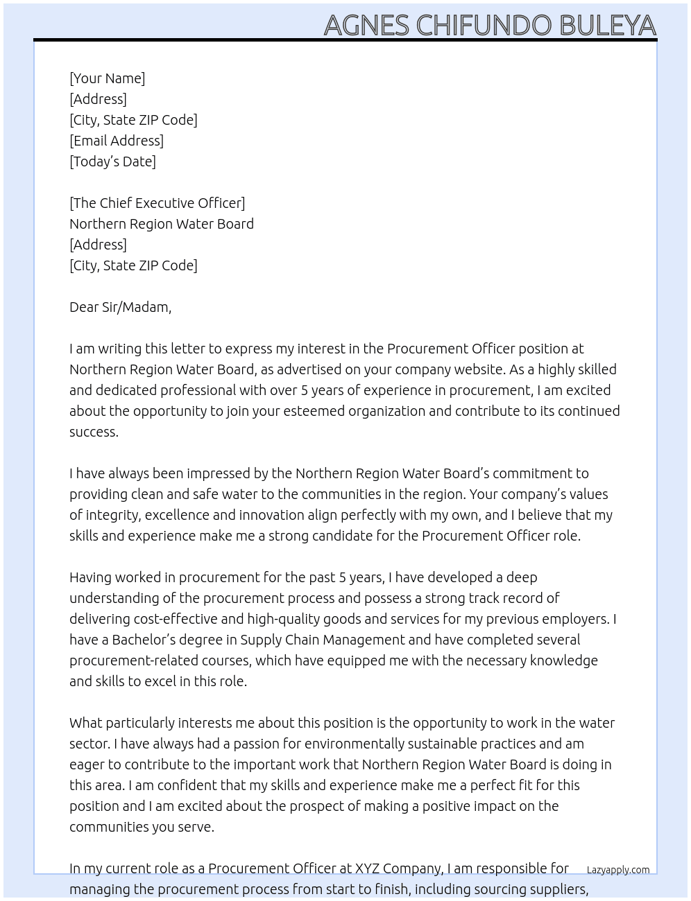 Procurement Officer At Northern Region Water Board Cover Letter