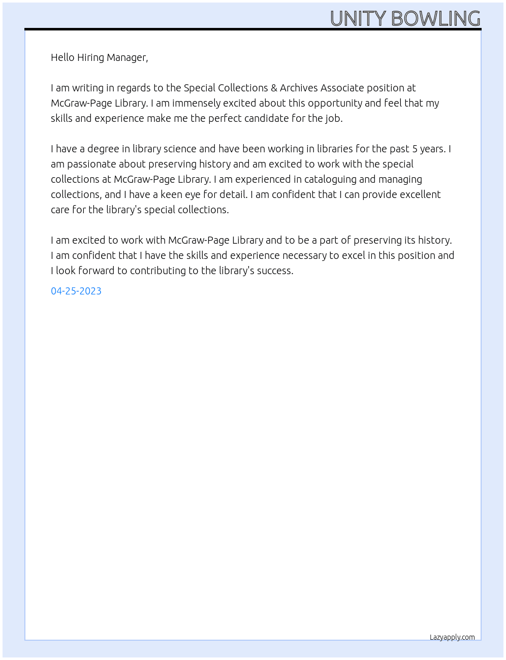 Special Collections & Archives Associate At McGraw-Page Library Cover Letter