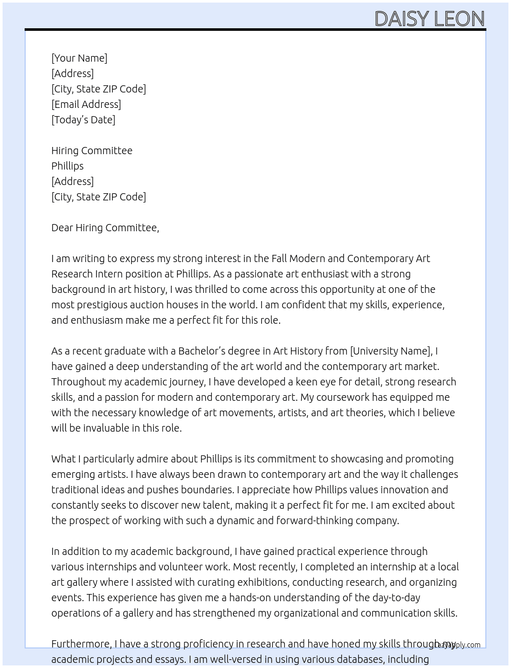 Fall Modern and Contemporary Art Research Intern At Phillips Cover Letter