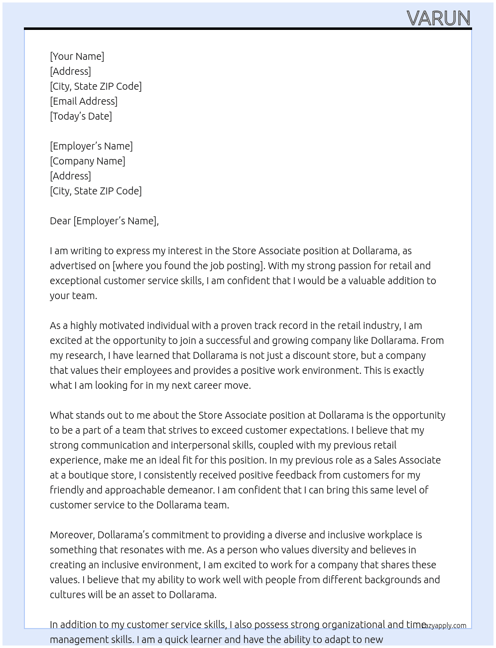 Store Associate At Dollarama Cover Letter