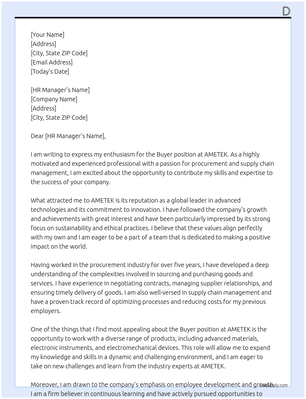 Buyer At AMETEK Cover Letter