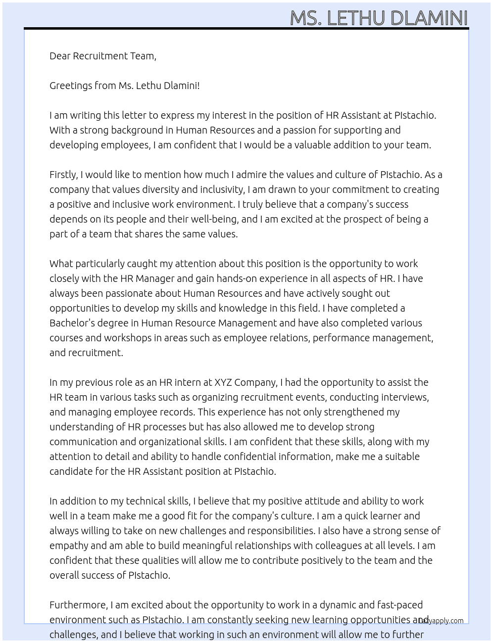 HR Assistant  At PIstachio Cover Letter
