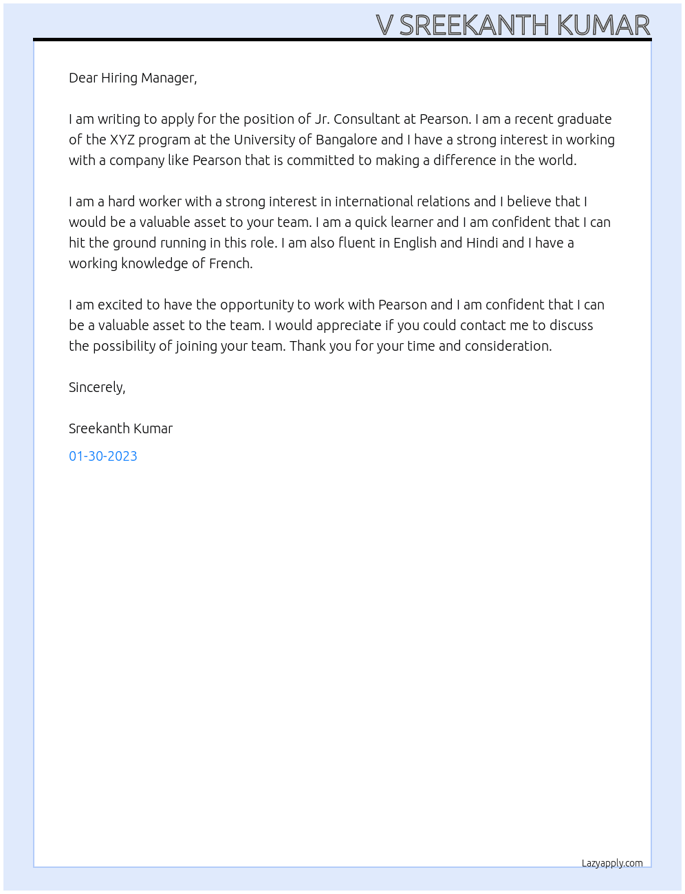 Cover letter for jr.consulatant - LazyApply