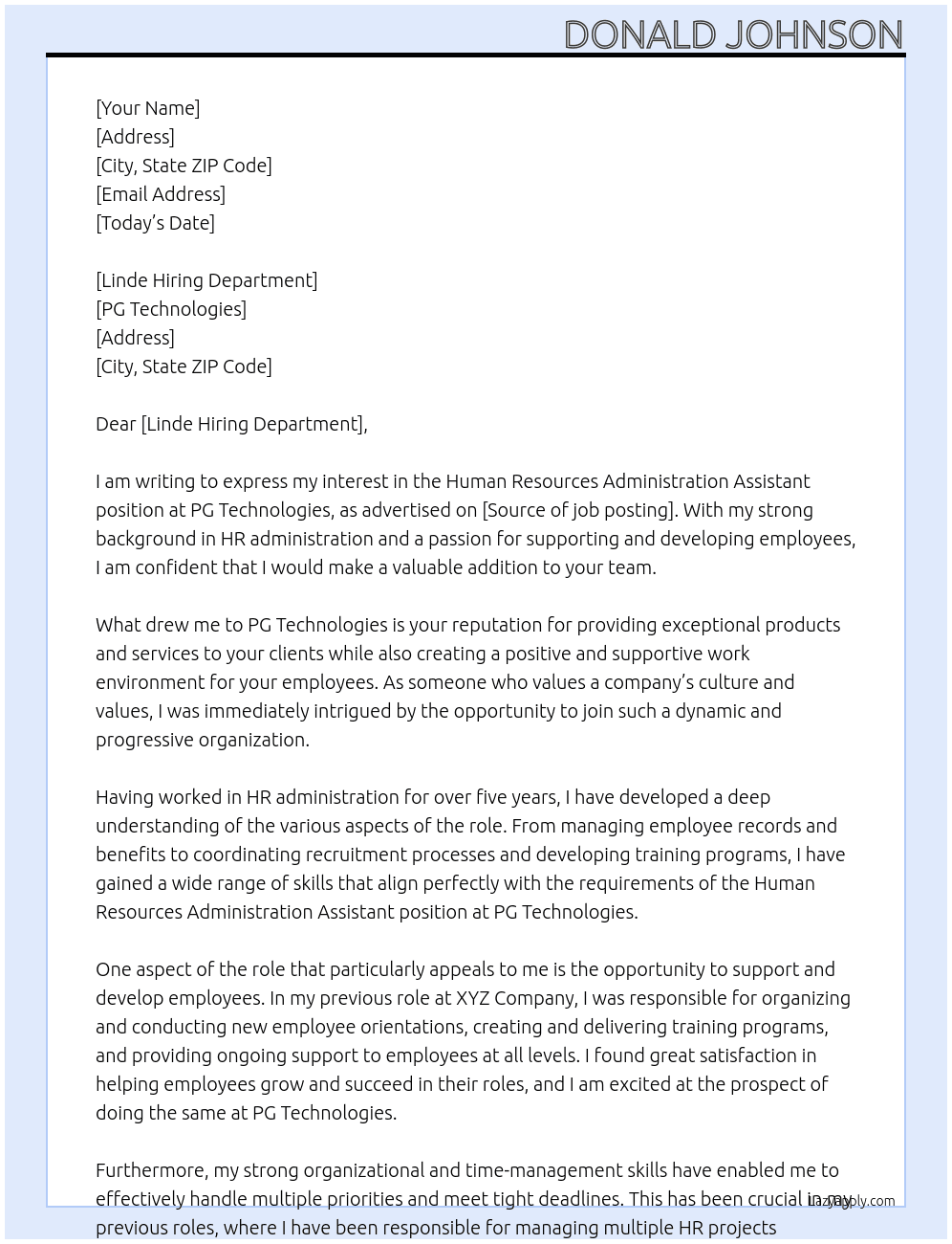 Human Resources Administration Assistant  At PG Technologies  Cover Letter
