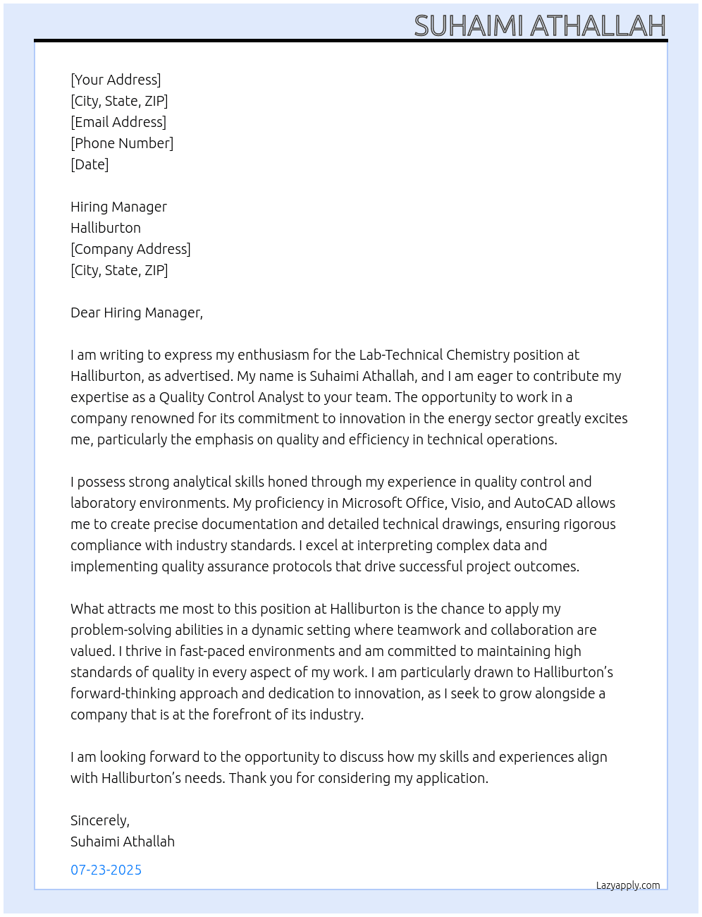 Cover letter for lab-techical chemistry - LazyApply