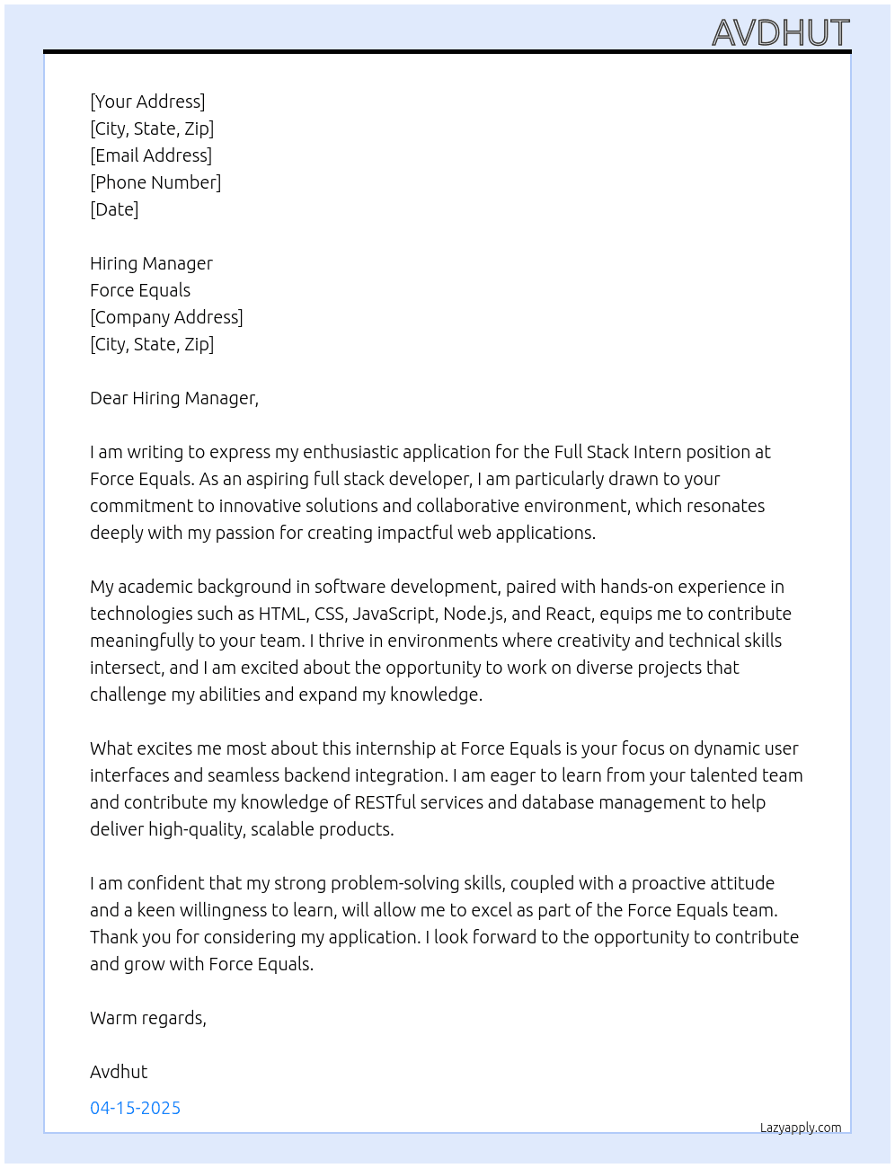 full stack intern At Force Equals Cover Letter