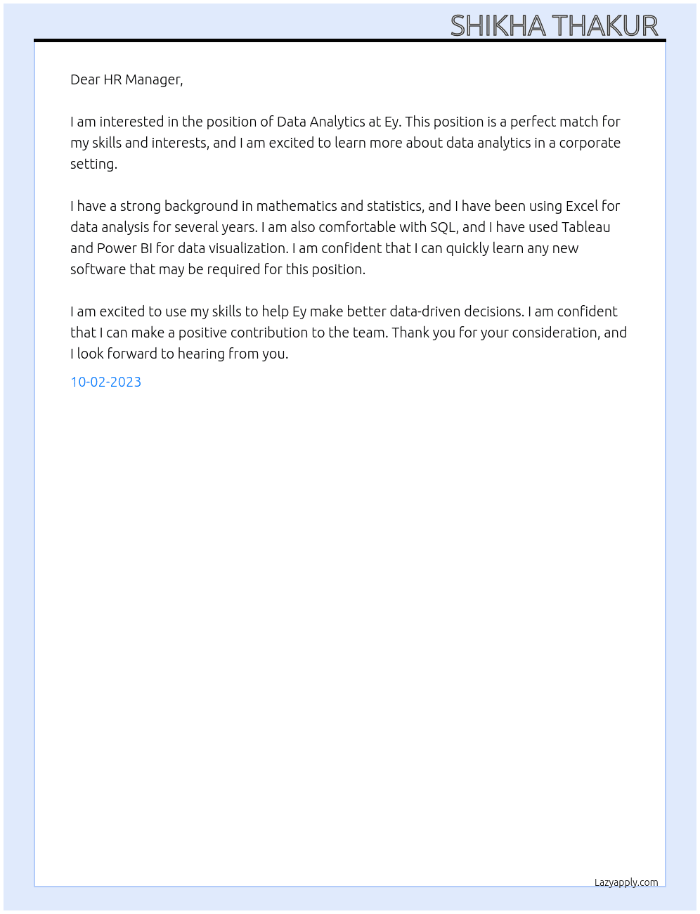 Data Analytics  At Ey Cover Letter