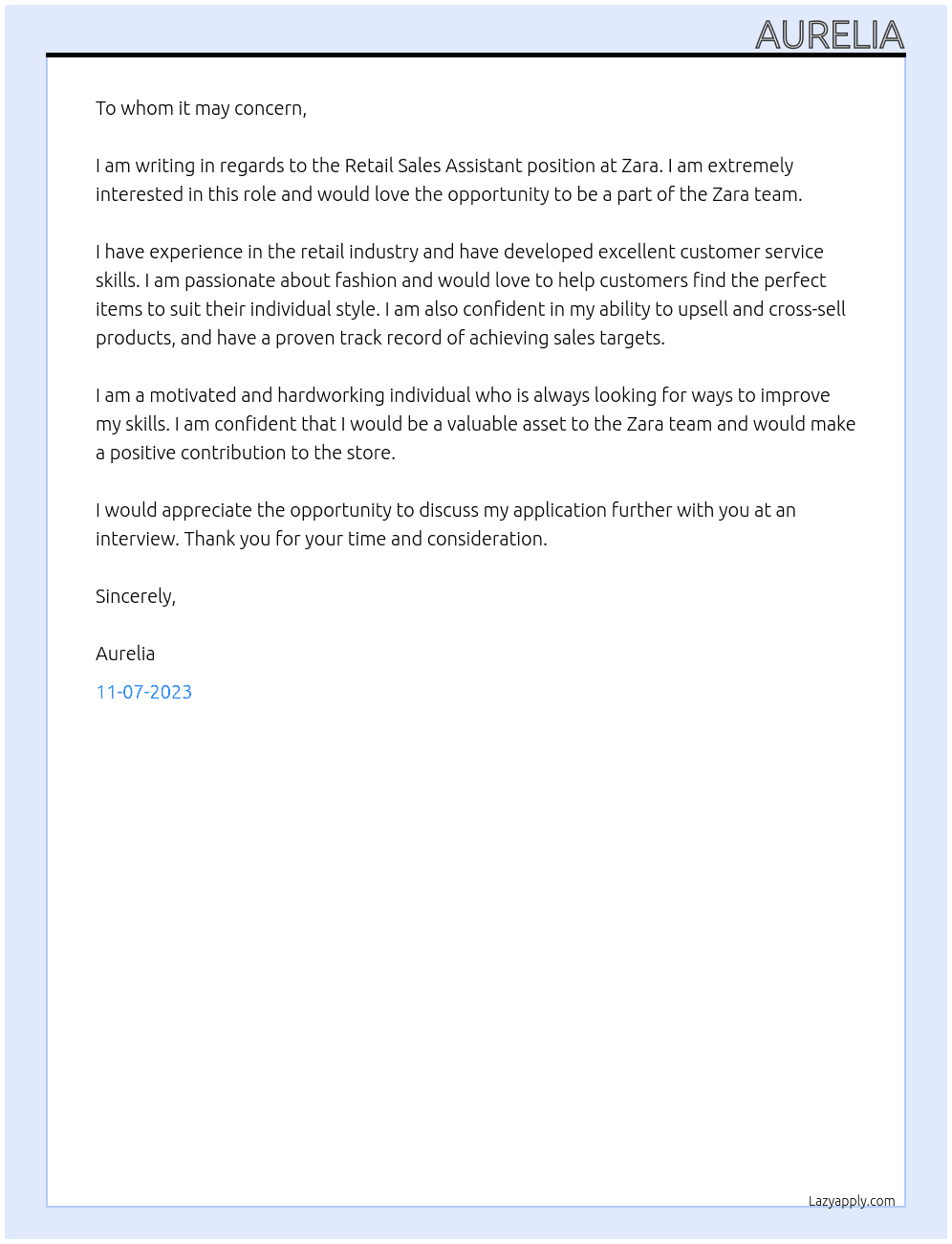 Retail Sales Assistant  At Zara Cover Letter