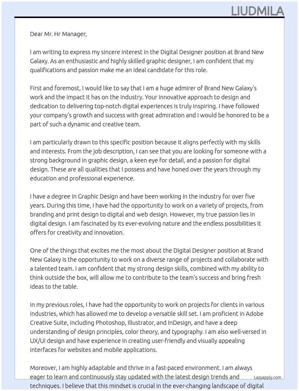 Digital Designer At Brand New Galaxy Cover Letter