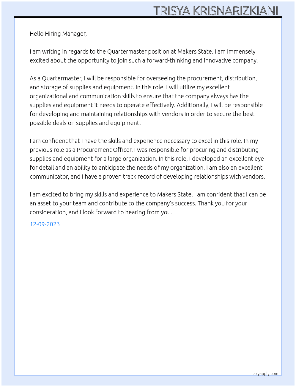Quartermaster At Makers State Cover Letter