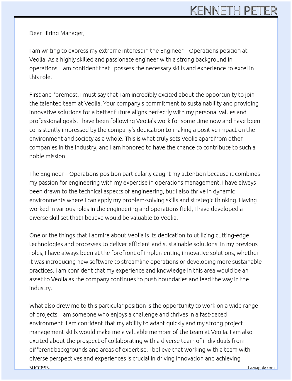 Engineer - operations At Veolia Cover Letter