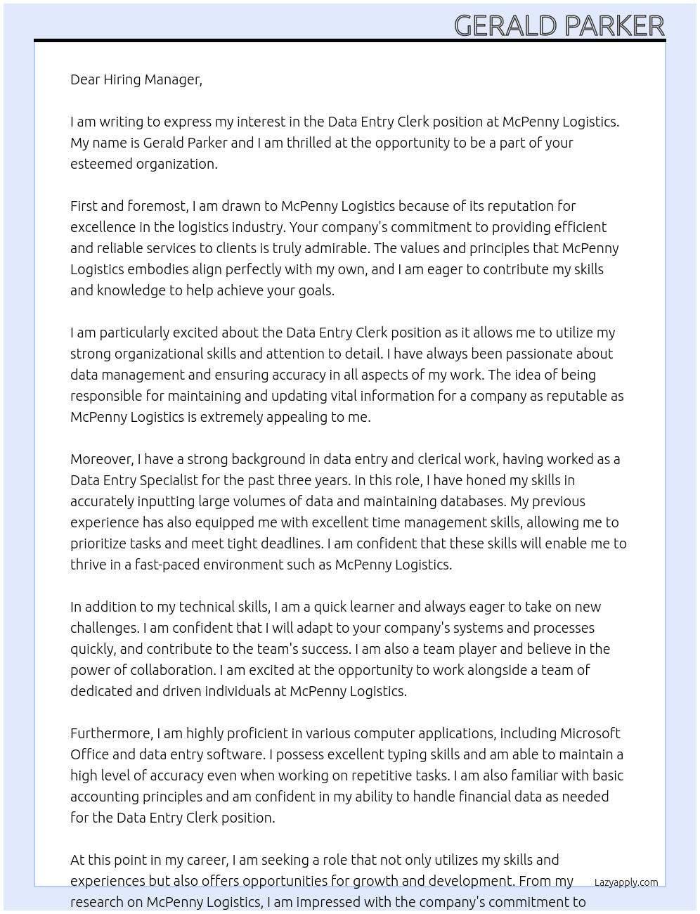 Data Entry Clerk At McPenny Logistics Cover Letter