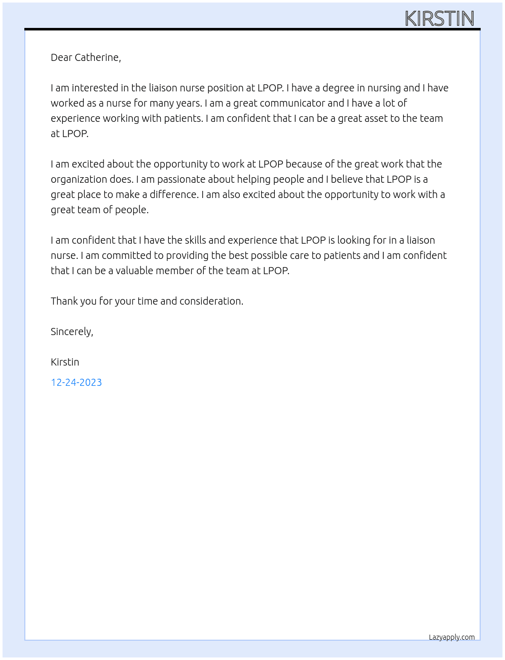 Liaison nurse At LPOP  Cover Letter