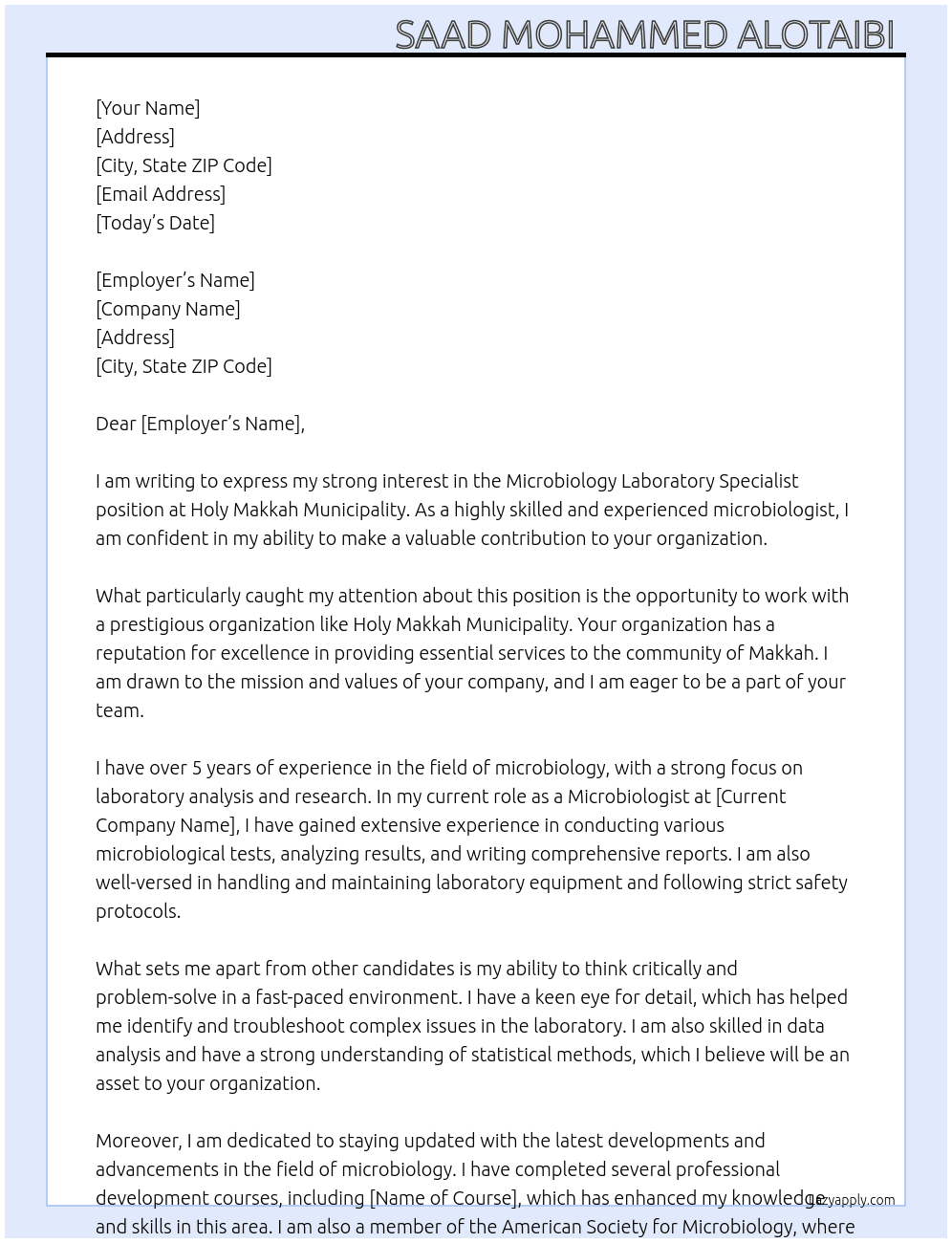 Microbiology laboratory Specialist At HOLY MAKKAH MUNICIPALITY  Cover Letter