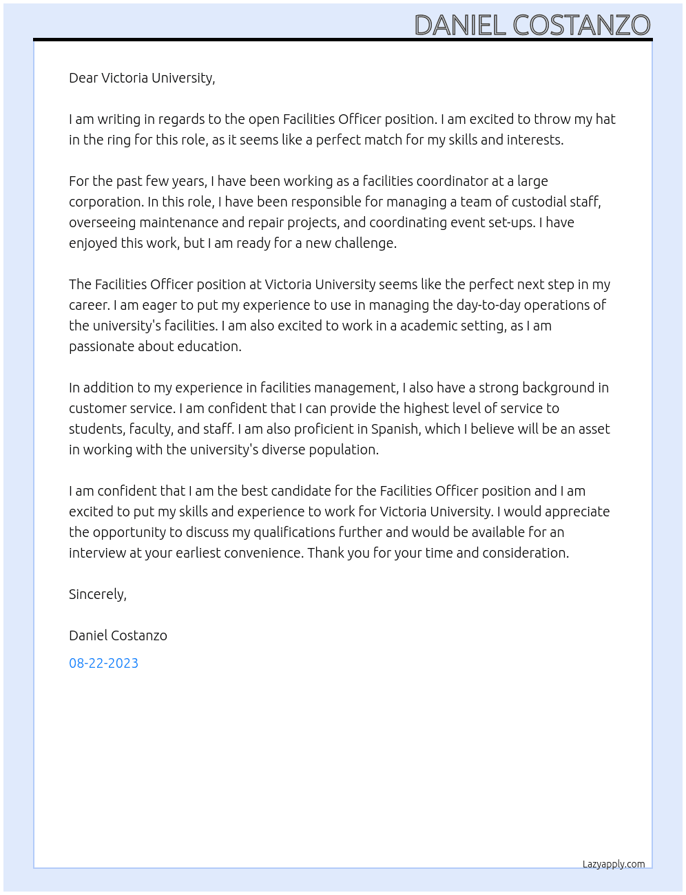 Facilities Officer  At Victoria University  Cover Letter