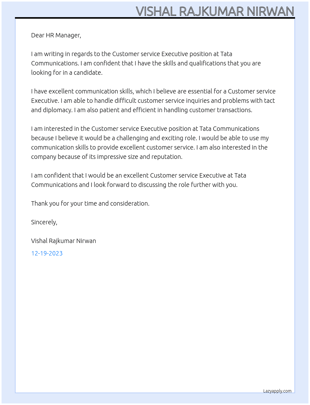 Customer service Executive At TATA COMMUNICATIONS Cover Letter