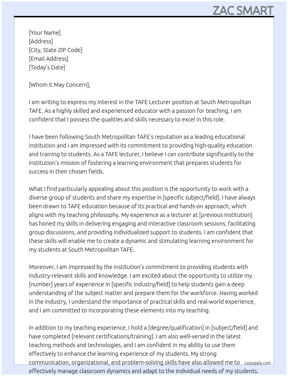 TAFE lecturer At South Metropolitan TAFE Cover Letter