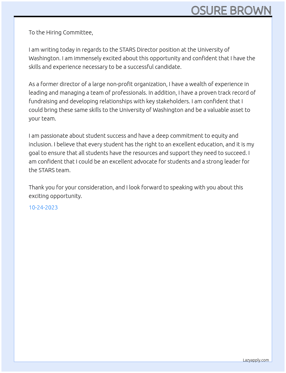 STARS DIRECTOR At University of Washington Cover Letter