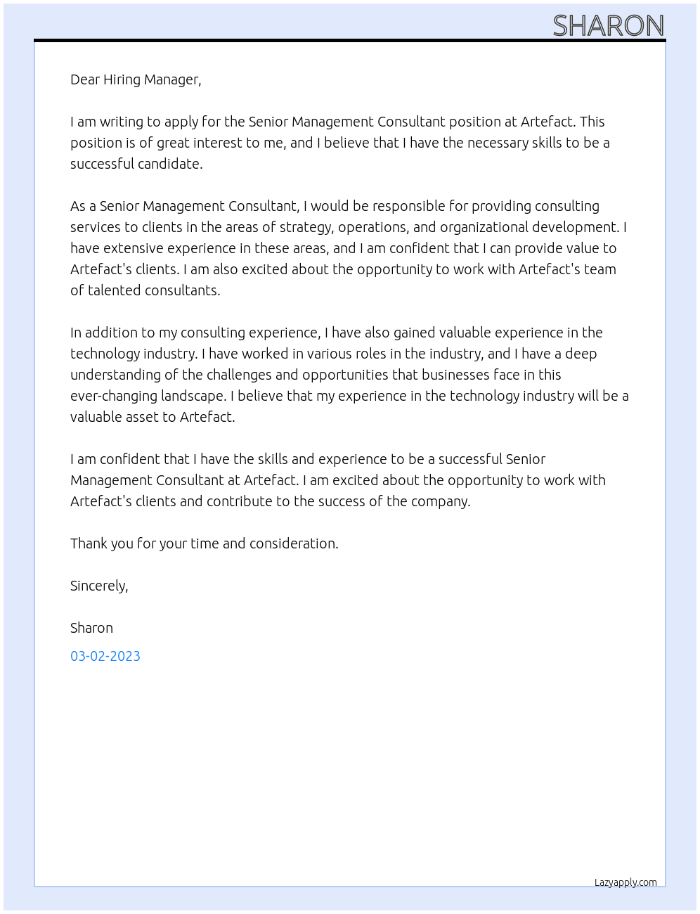 Senior Management Consultant At Artefact Cover Letter