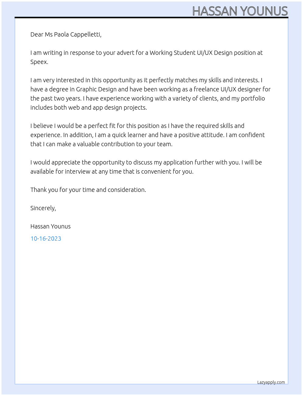 Working Student UI/UX Design At Speex Cover Letter