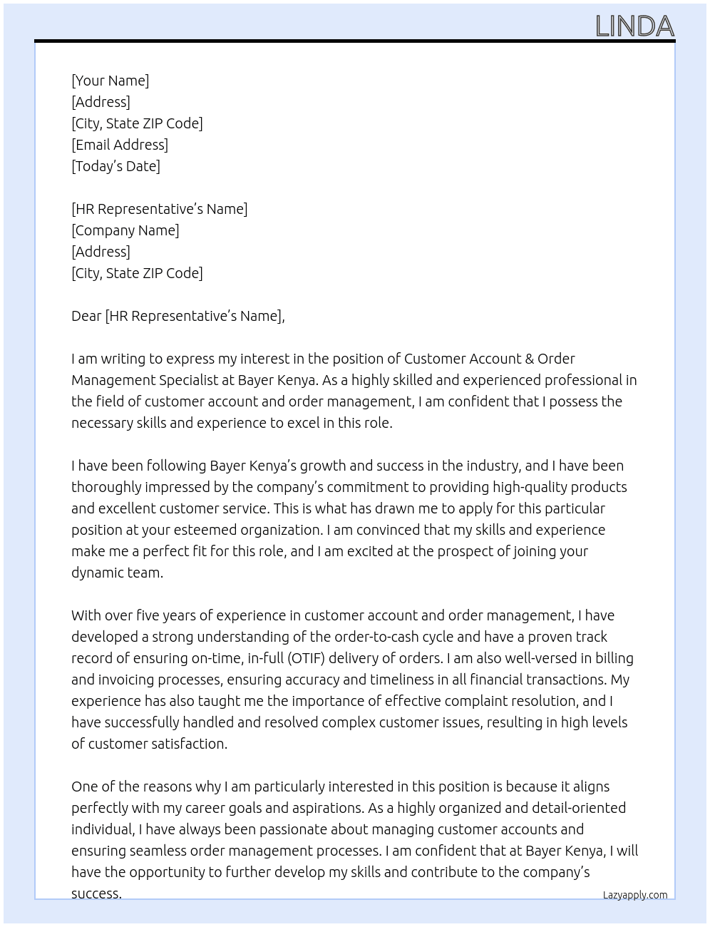 Customer Account & Order Management Specialist At bayer kenya Cover Letter