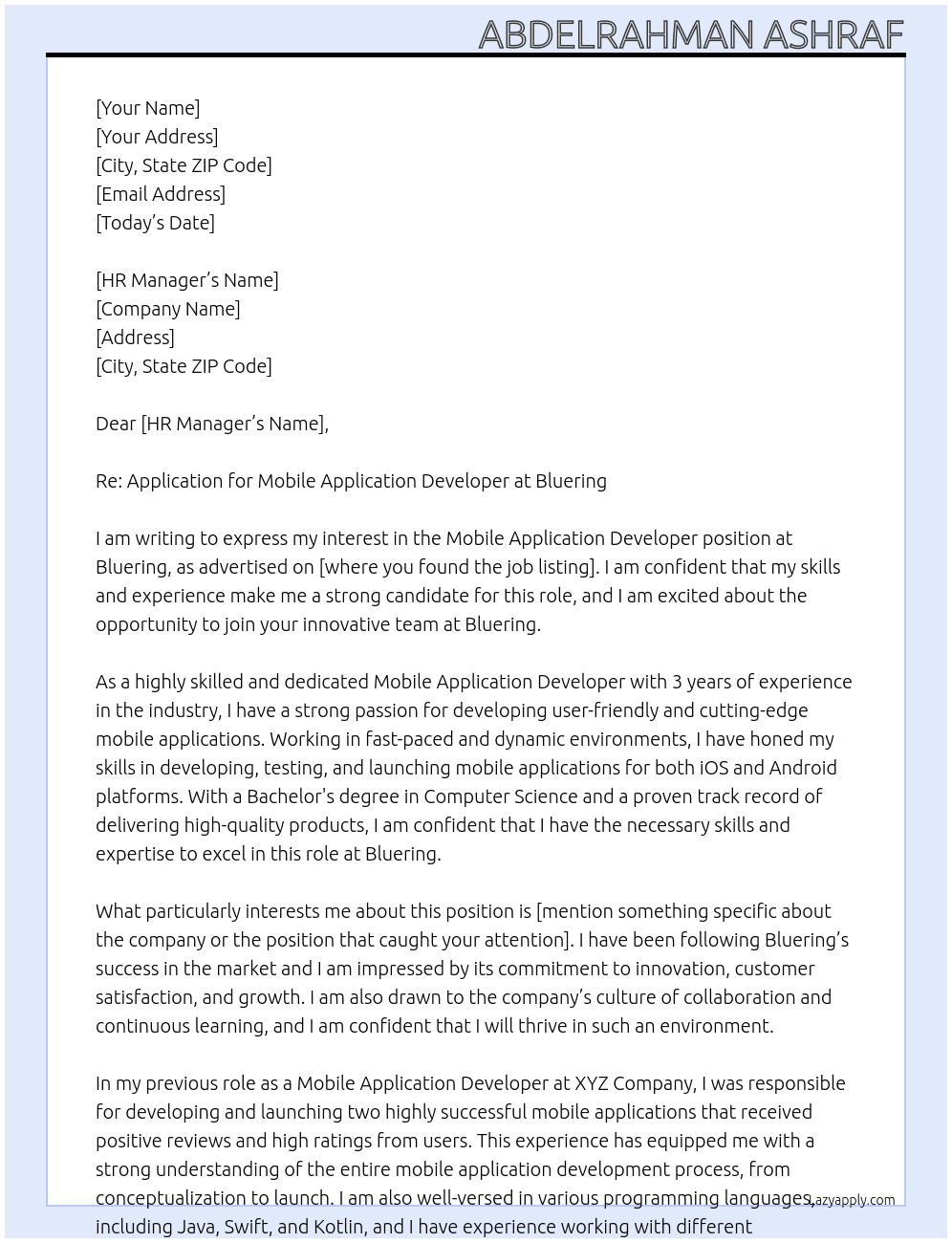  Mobile Application Developer At Bluering Cover Letter