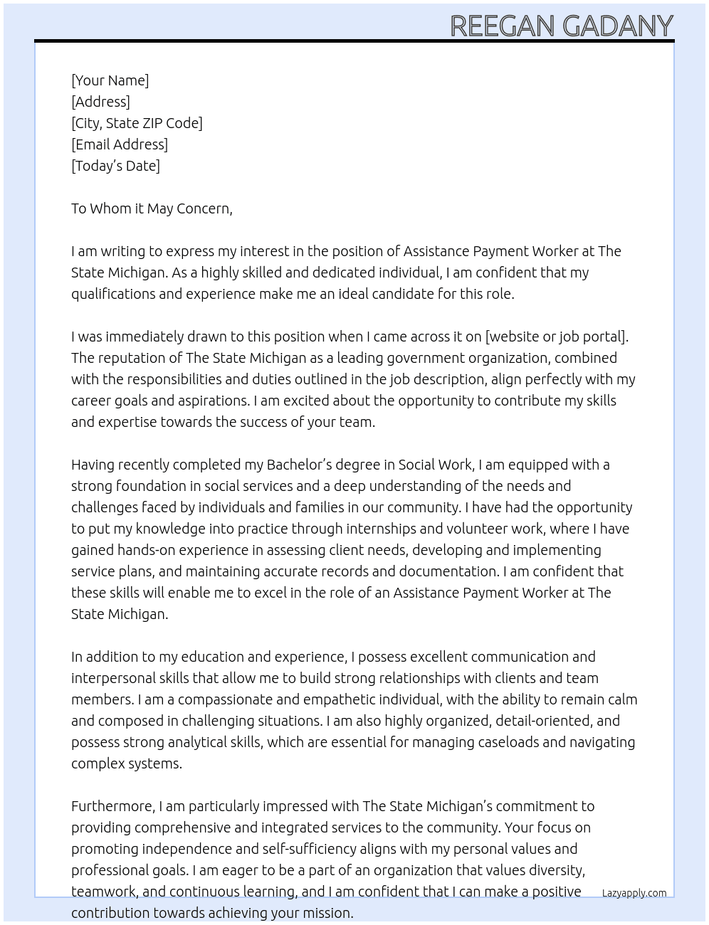 Assistance Payment Worker At The State Michigan Cover Letter