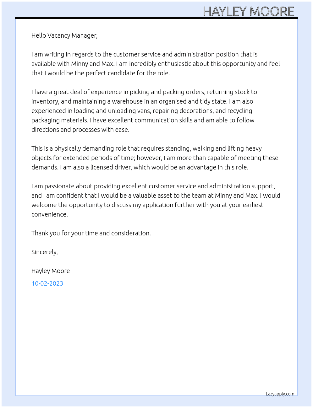 Customer Service and Administration At Minny and Max Cover Letter