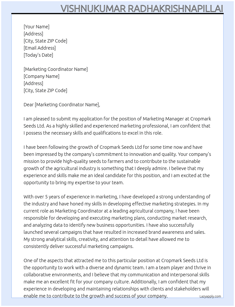 Marketing Manager At Cropmark Seeds Ltd Cover Letter