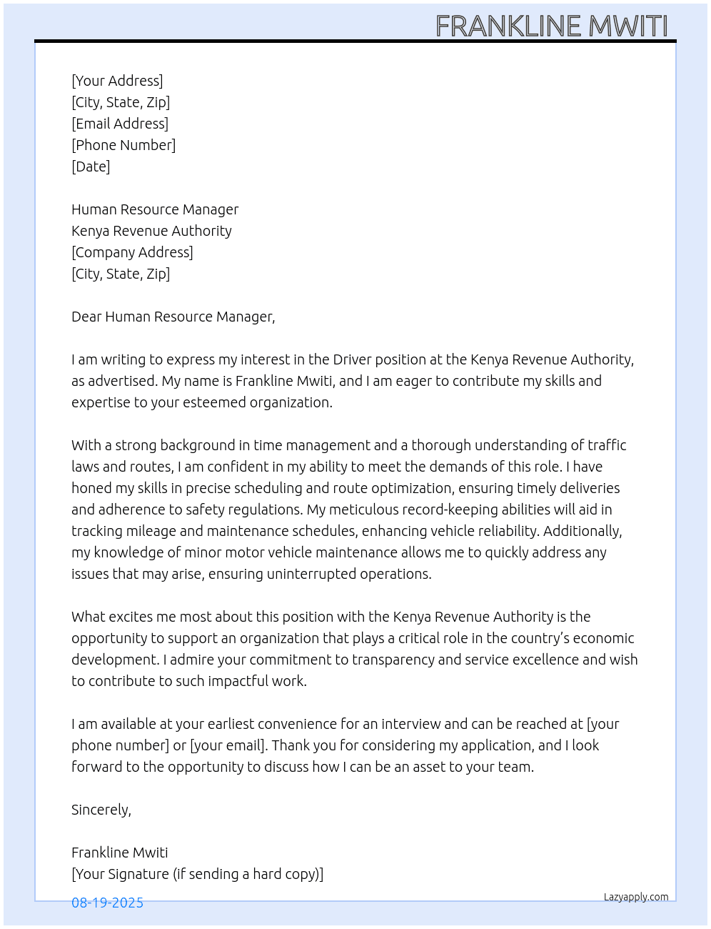 Driver  At Kenya revenue authority Cover Letter