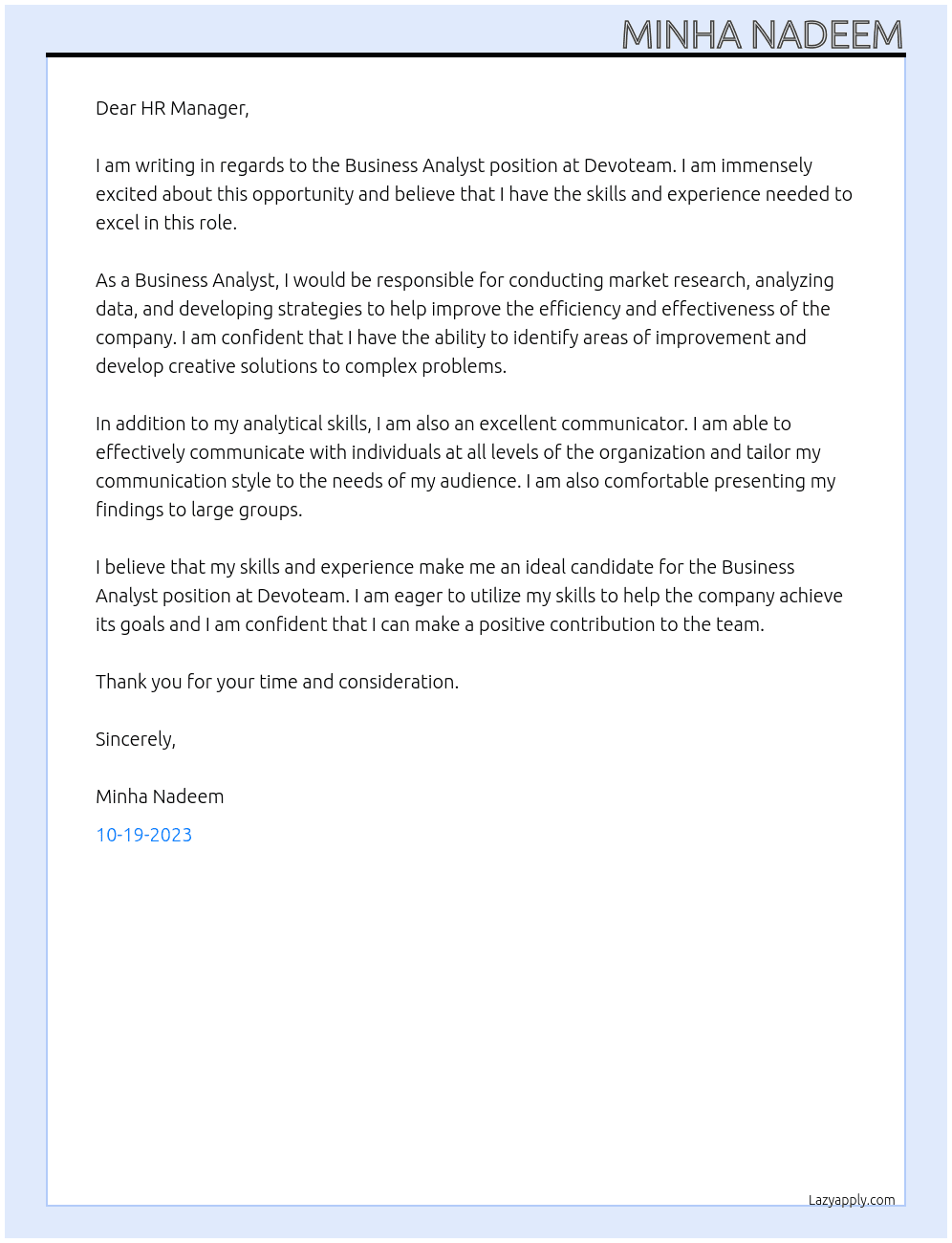 Business Analyst At devoteam Cover Letter